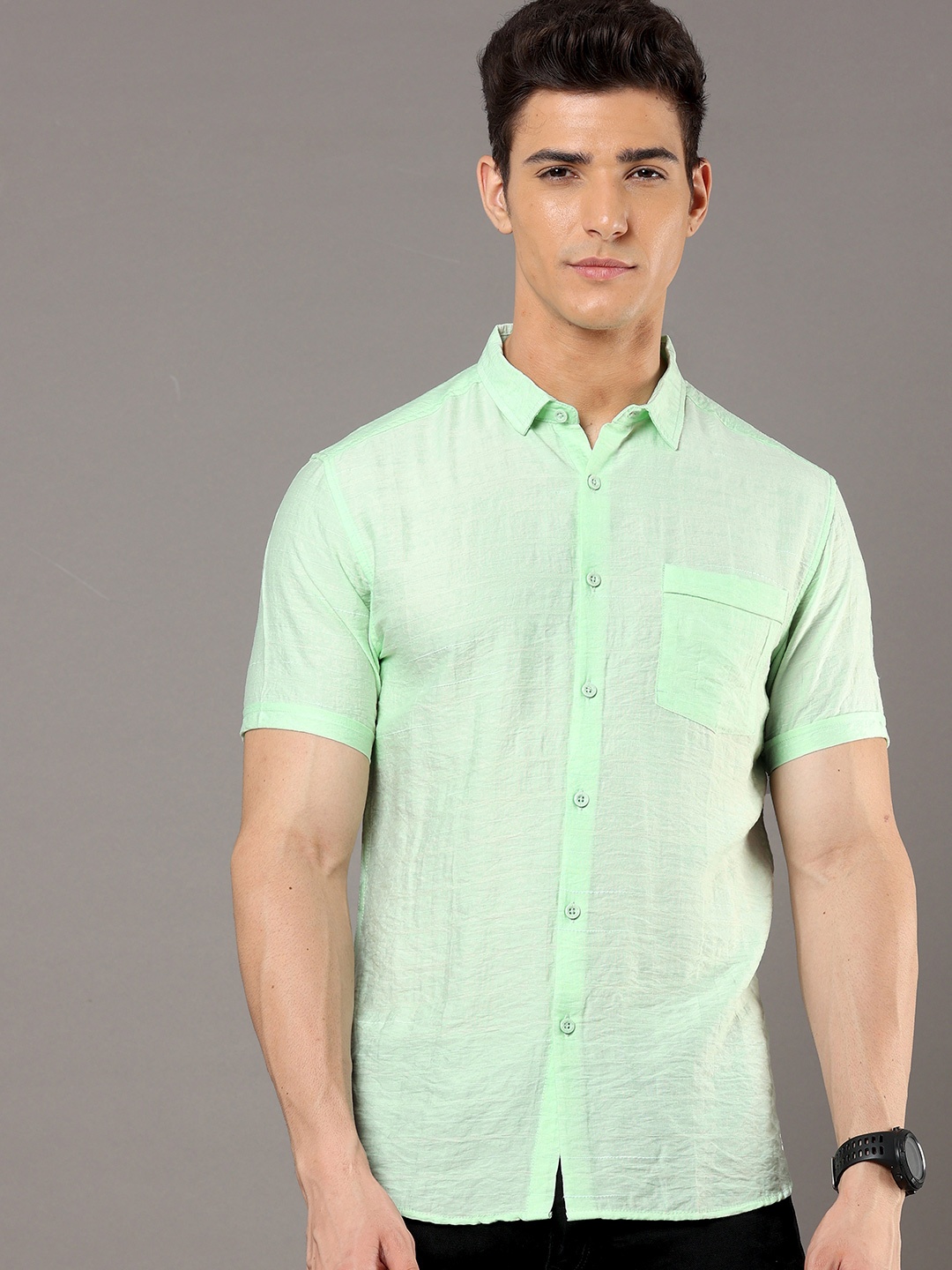 

HERE&NOW Green Horizontal Striped Slim Fit Casual Shirt