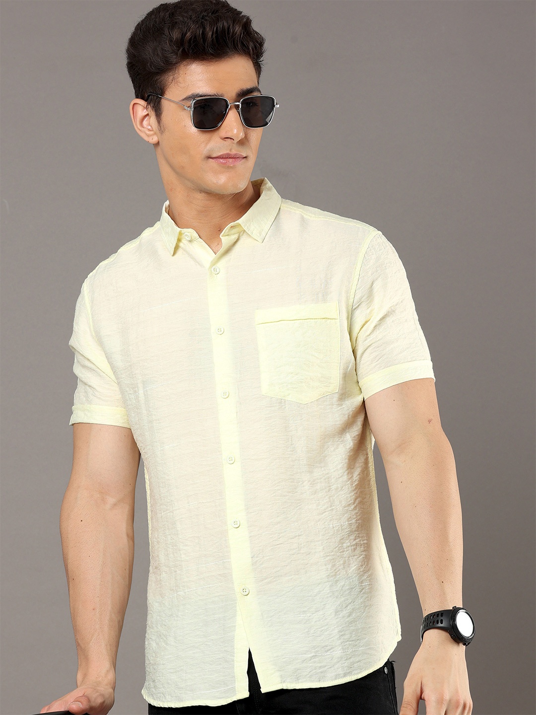 

HERE&NOW Yellow Horizontal Striped Slim Fit Casual Shirt