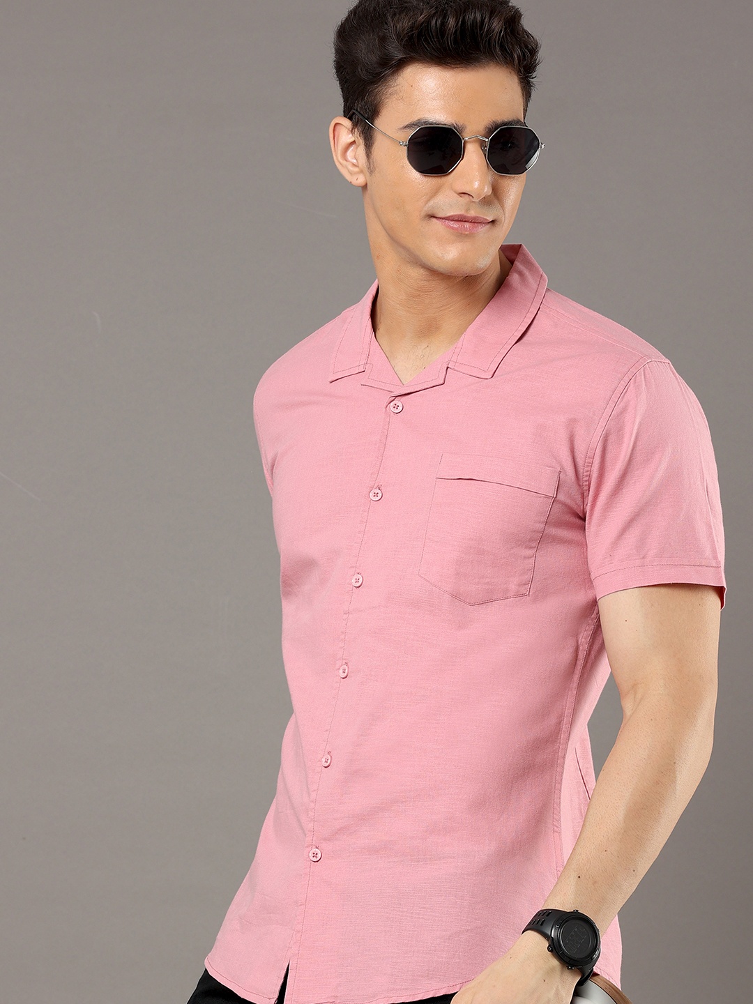 

HERE&NOW Pink Slim Fit Cuban Collar Cotton Casual Shirt