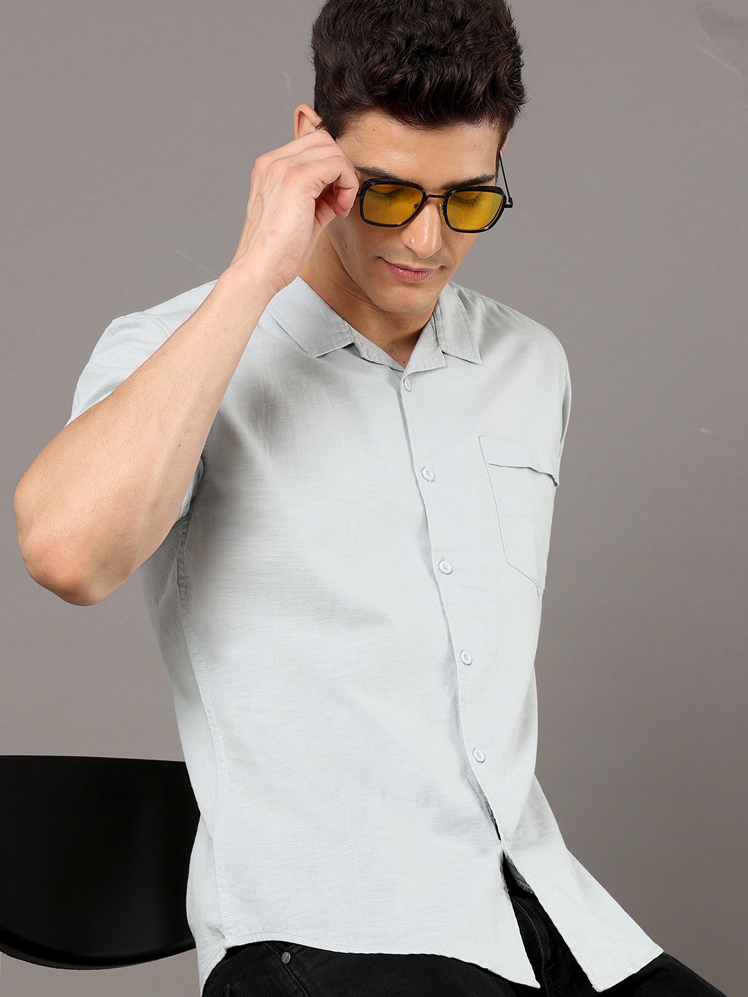 

HERE&NOW Grey Slim Fit Cuban Collar Cotton Casual Shirt