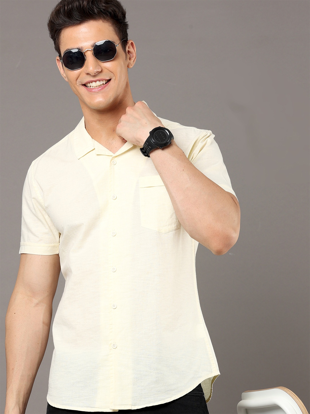 

HERE&NOW Yellow Slim Fit Cuban Collar Cotton Casual Shirt