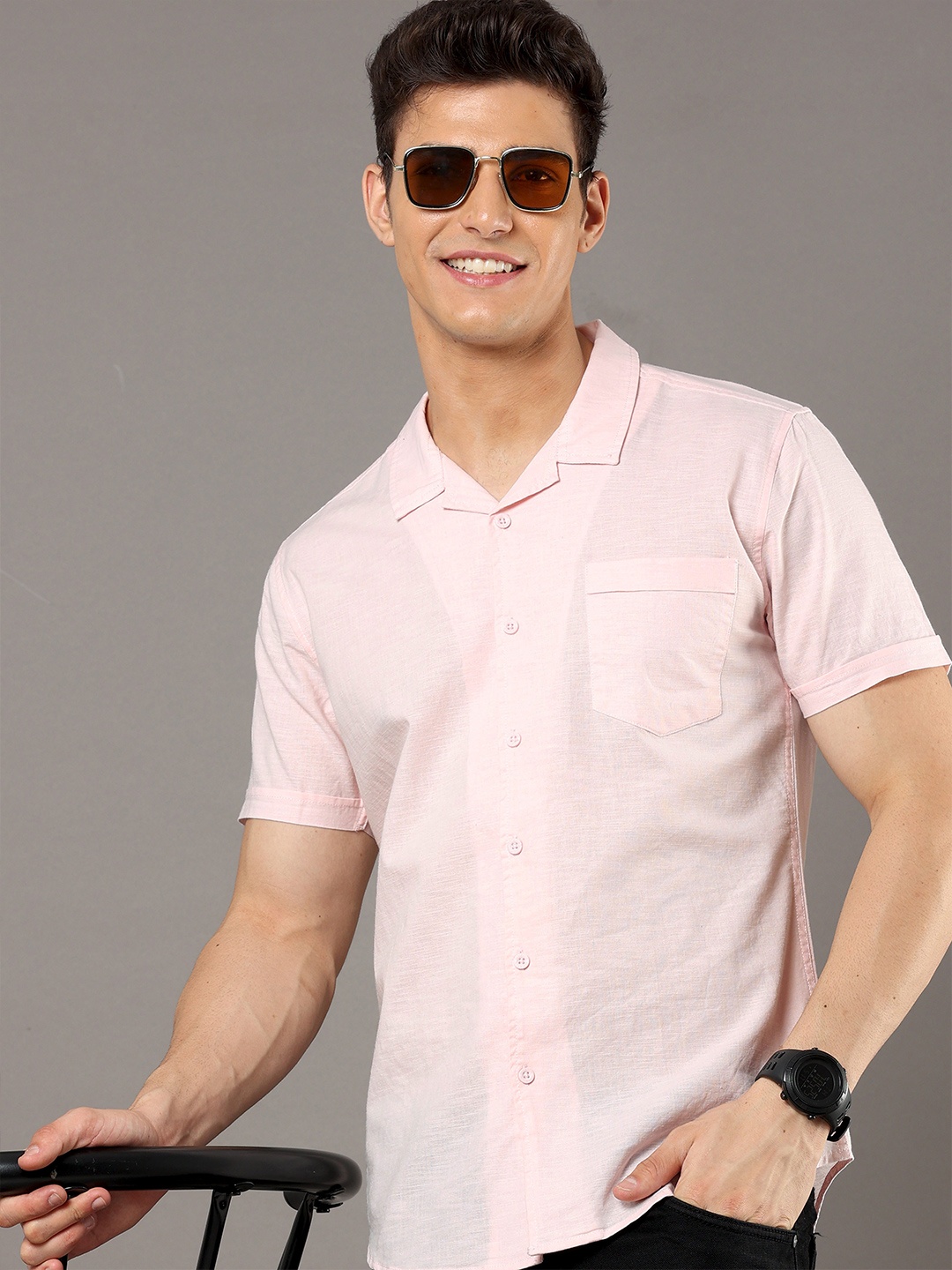 

HERE&NOW Pink Slim Fit Cuban Collar Cotton Casual Shirt