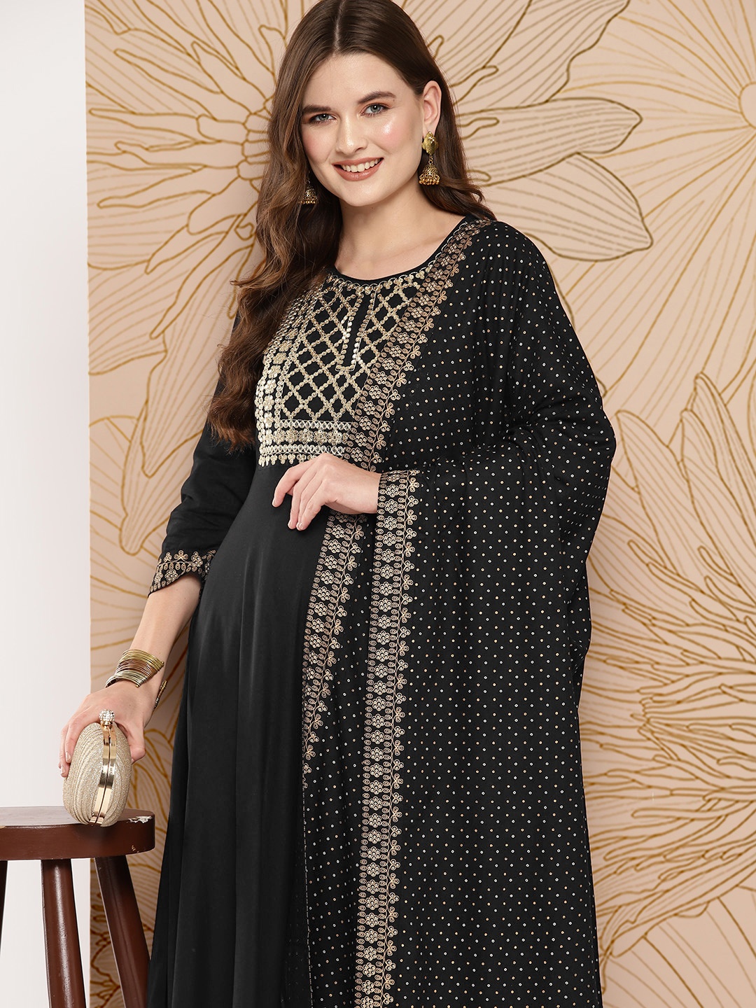 

Khushal K Women Floral Embroidered Empire Sequinned Kurta with Palazzos & With Dupatta, Black