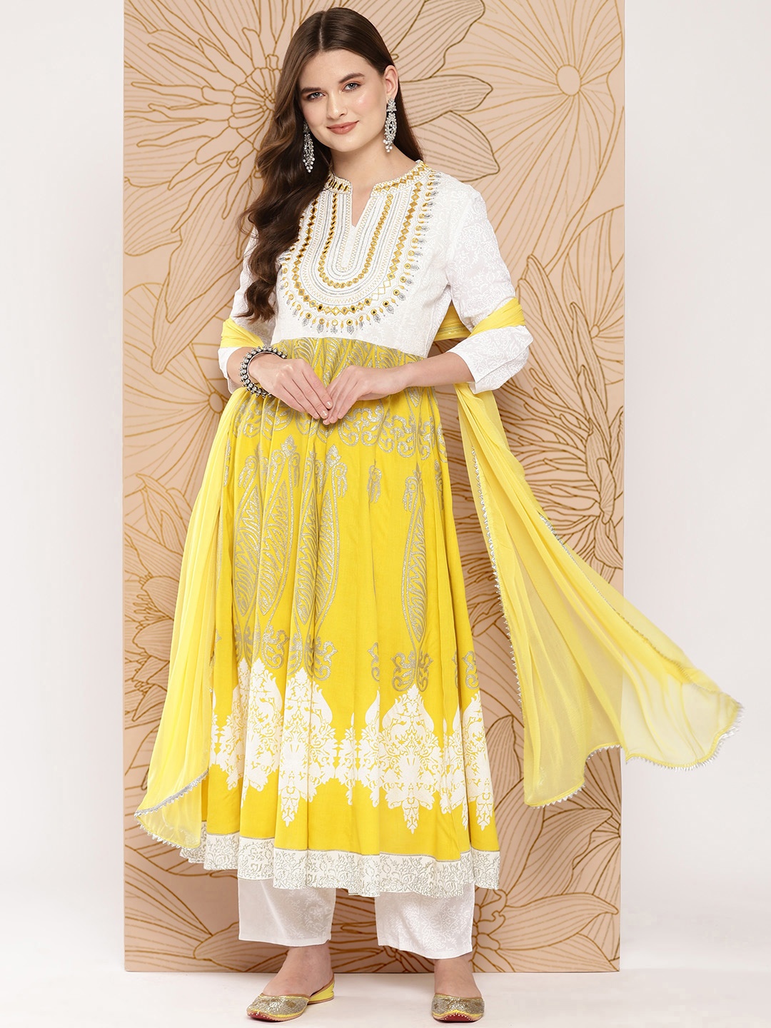 

Khushal K Women Embroidered Empire Mirror Work Kurta with Palazzos & With Dupatta, Yellow