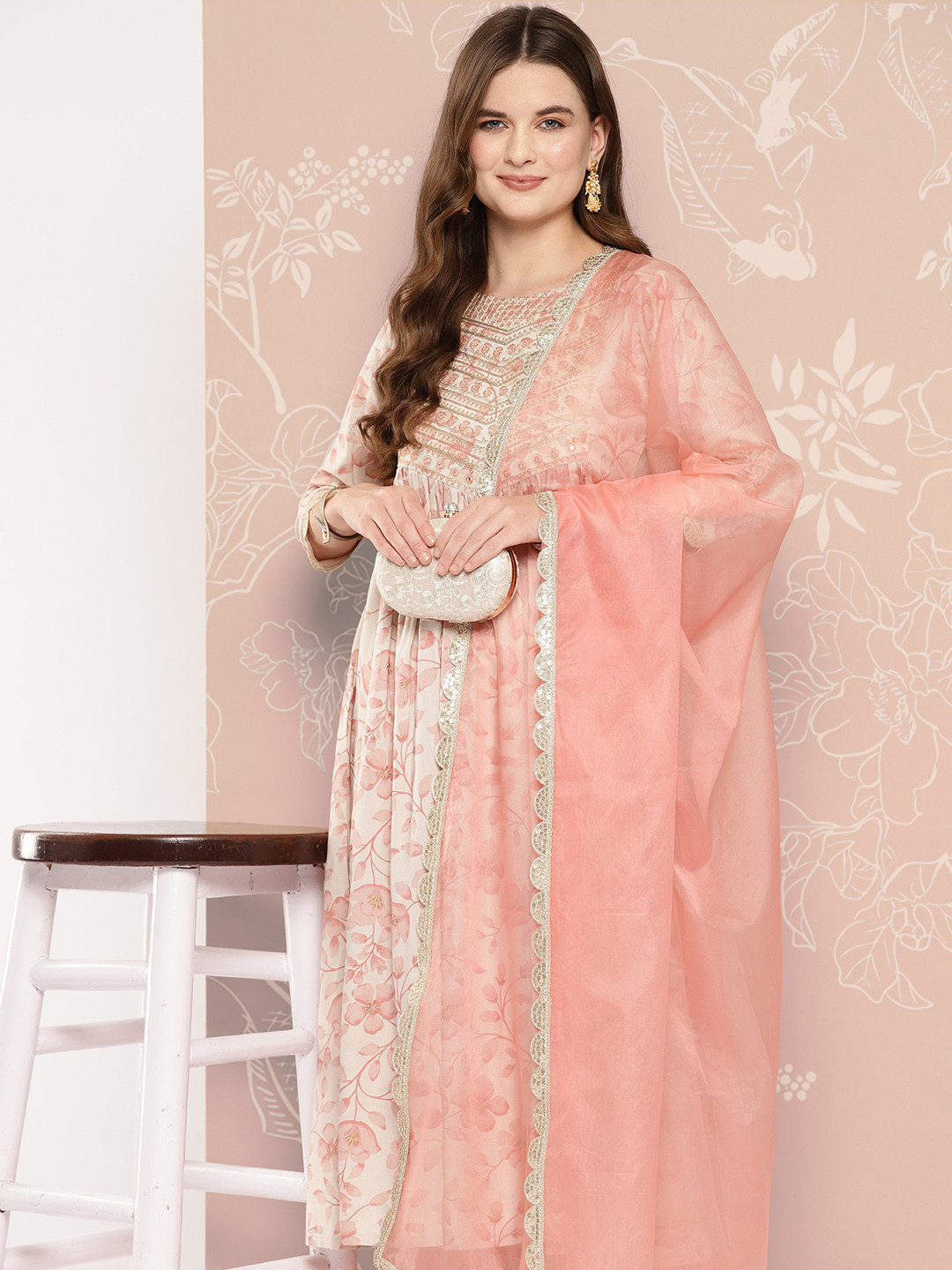 

Khushal K Women Floral Embroidered High Slit Sequinned Kurta with Palazzos & With Dupatta, Peach