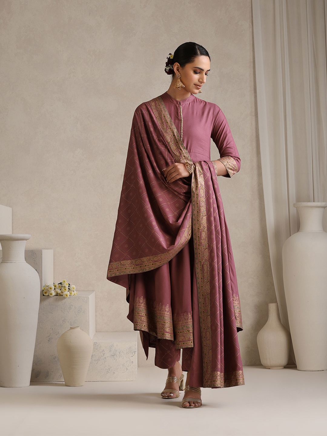

Khushal K Women Ethnic Motifs Printed Empire Kurta with Palazzos & With Dupatta, Pink
