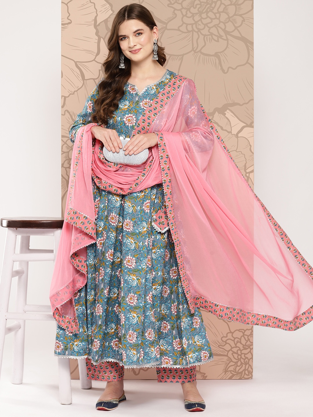 

Khushal K Women Floral Printed Gotta Patti Pure Cotton Kurta with Palazzos & With Dupatta, Blue