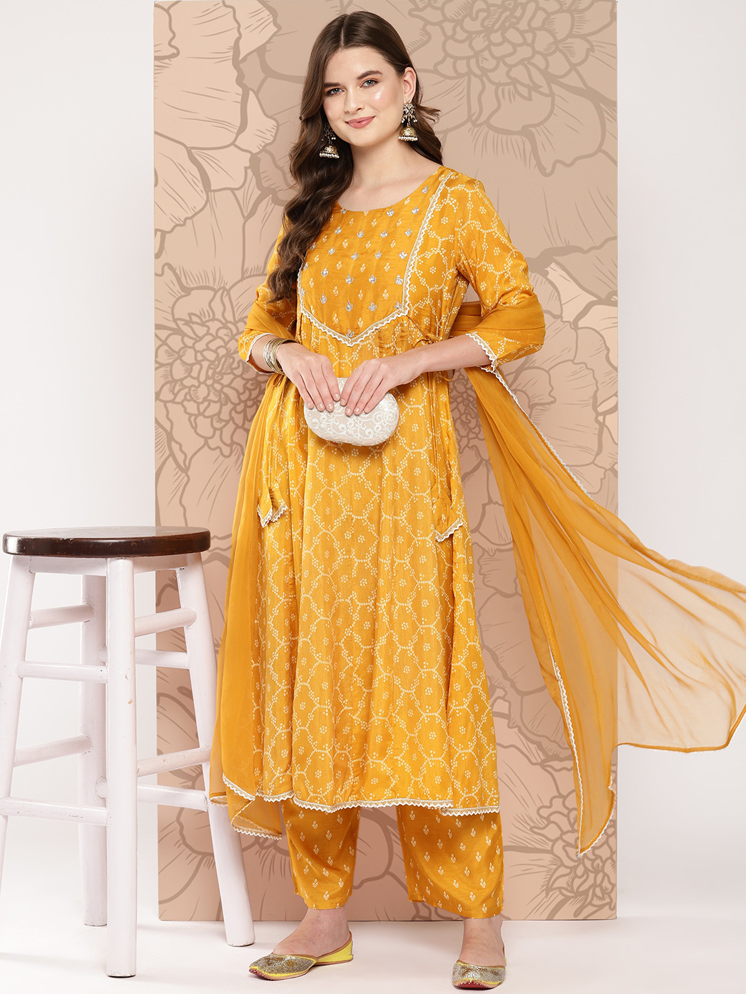 

Khushal K Women Ethnic Motifs Printed Empire Kurta with Palazzos & With Dupatta, Yellow
