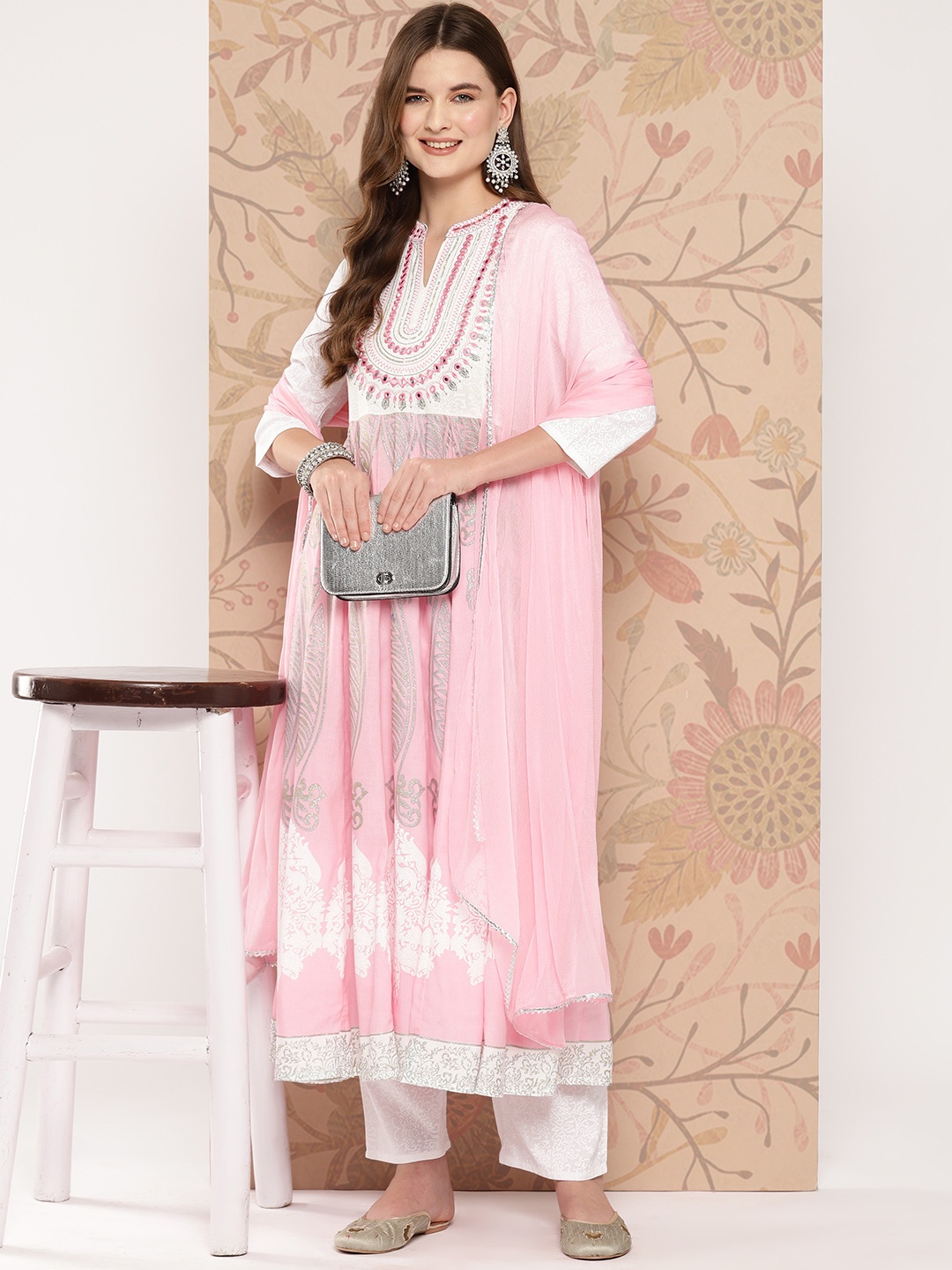 

Khushal K Women Embroidered Empire Mirror Work Kurta with Palazzos & With Dupatta, Pink