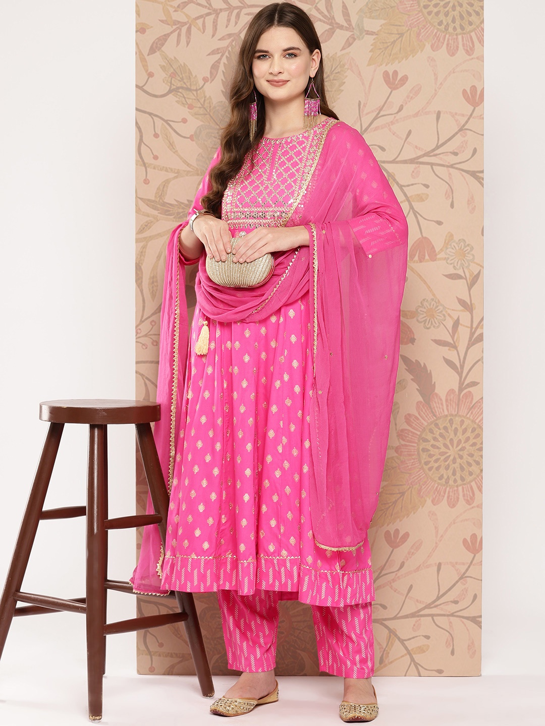 

Khushal K Women Ethnic Motifs Embroidered Sequinned Kurta with Palazzos & With Dupatta, Pink