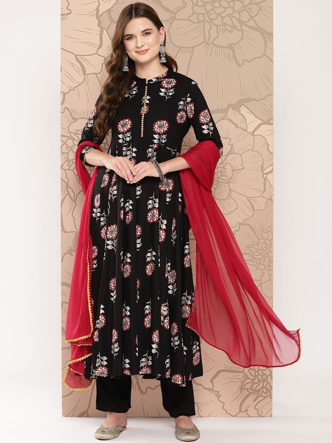 

Khushal K Women Floral Printed Empire Kurta with Palazzos & With Dupatta, Black