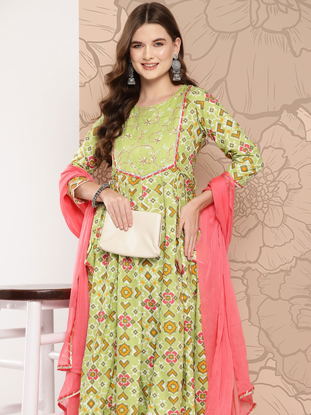 

Khushal K Women Printed Empire Gotta Patti Pure Cotton Kurta with Palazzos & With Dupatta, Green