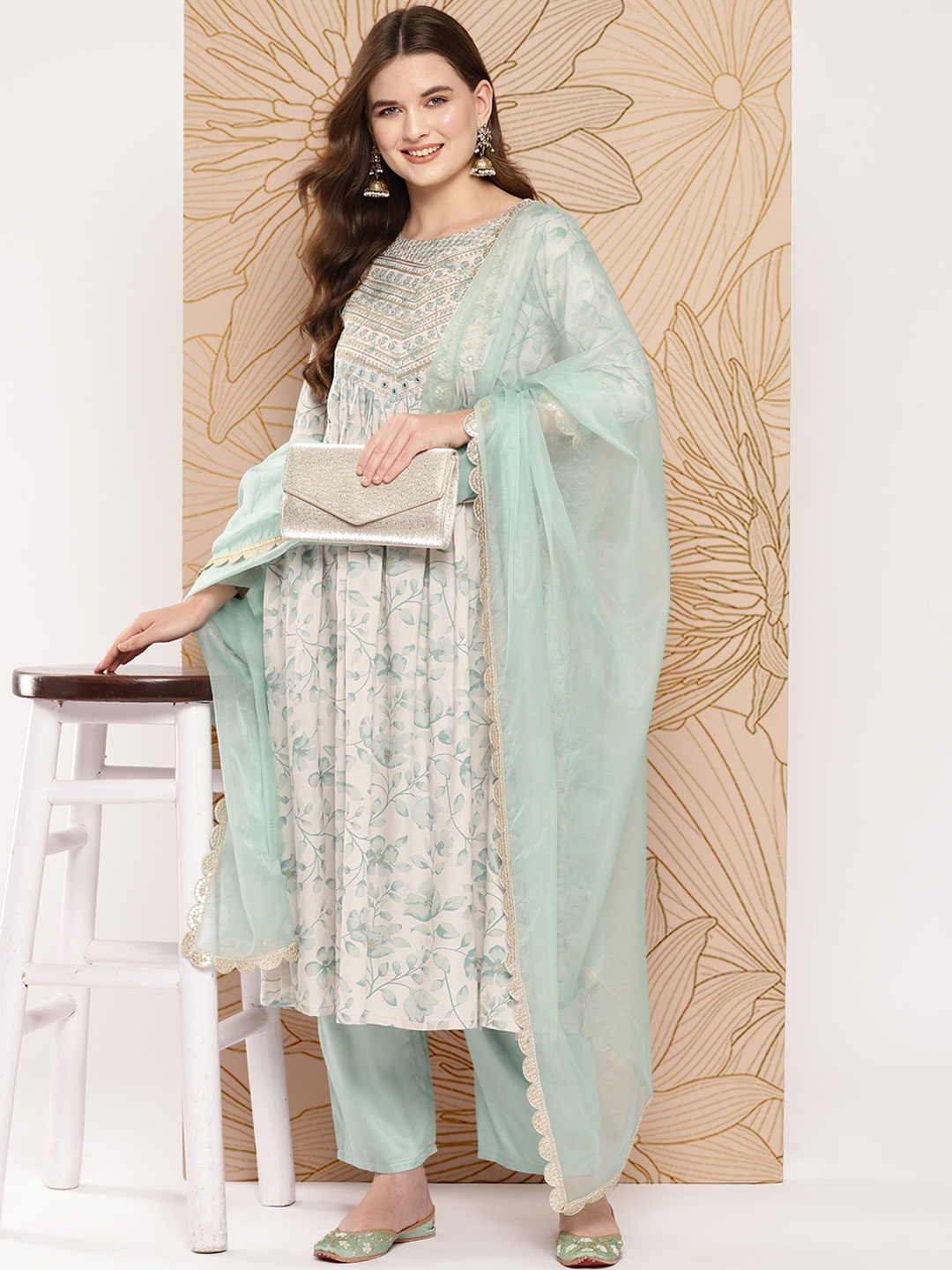 

Khushal K Women Floral Embroidered Mirror Work Kurta with Palazzos & With Dupatta, Green
