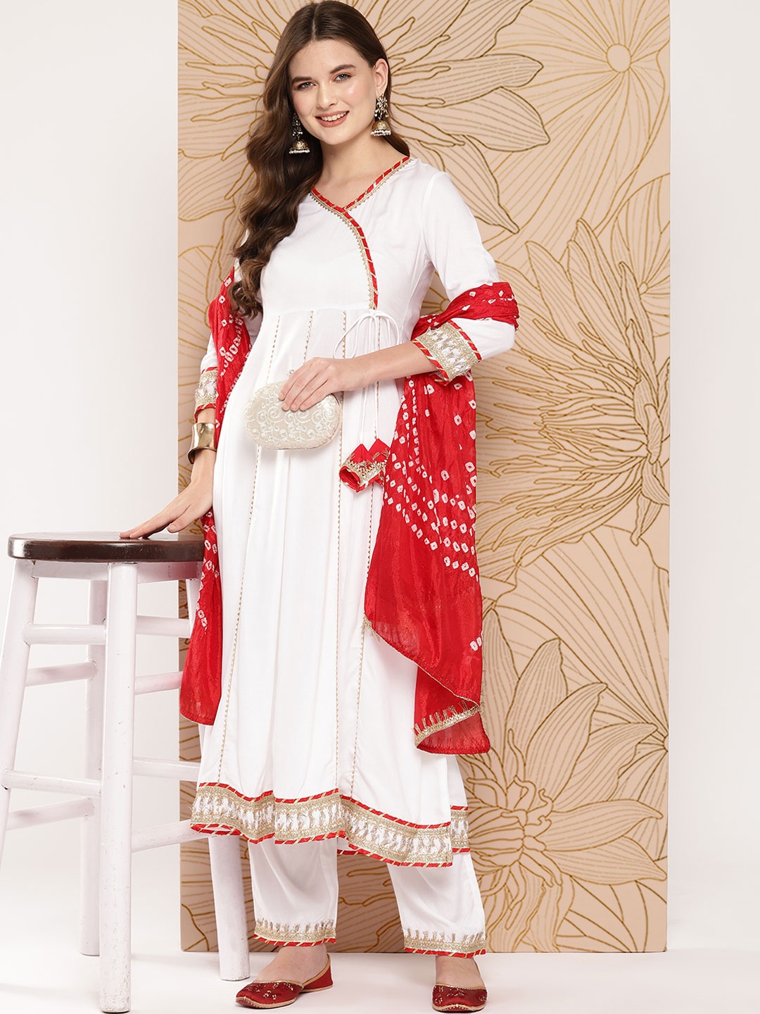 

Khushal K Women Striped Angrakha Gotta Patti Kurta with Palazzos & With Dupatta, White