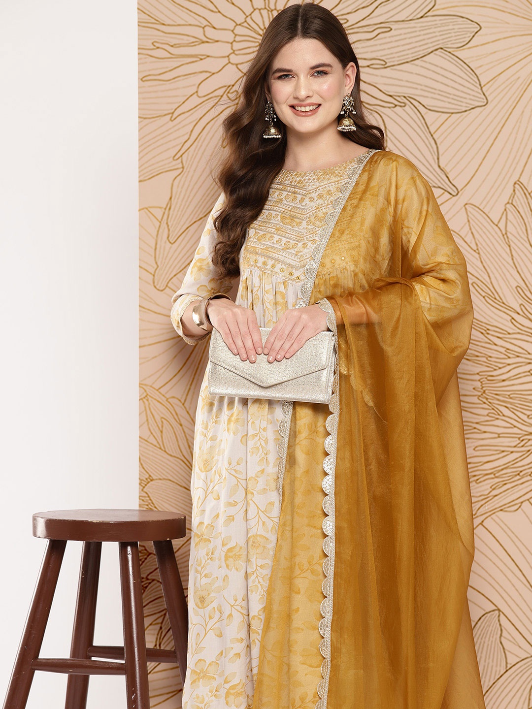 

Khushal K Women Floral Embroidered Regular Mirror Work Kurta with Palazzos & With Dupatta, Mustard