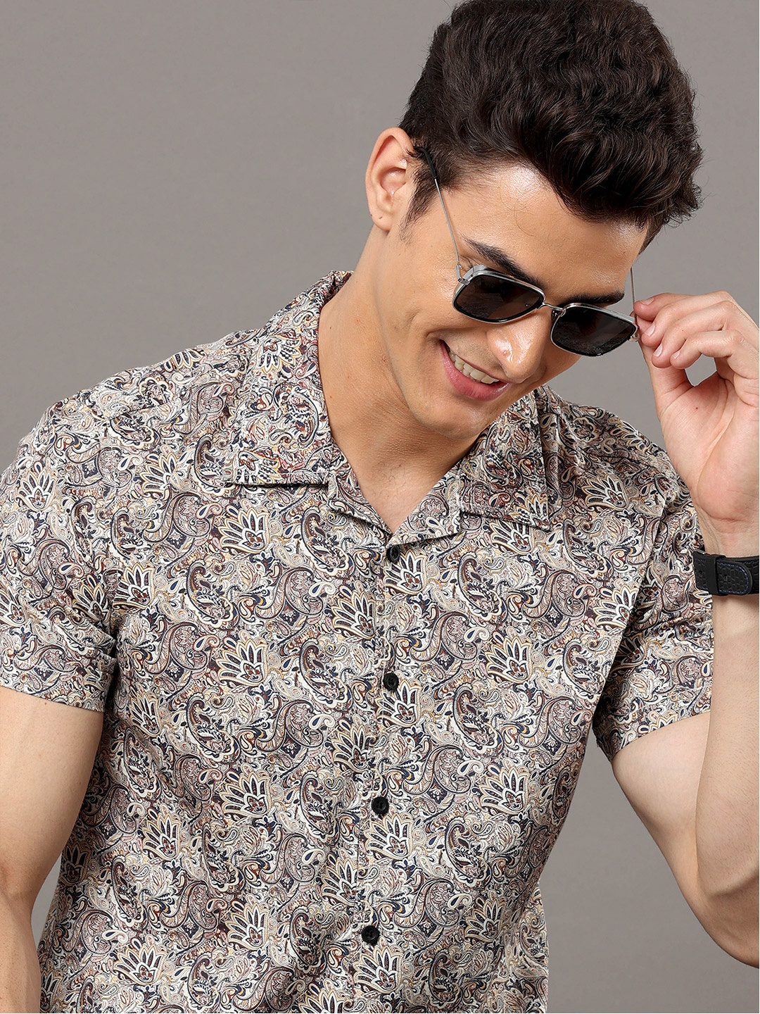

Moda Rapido Beige & Navy Blue Ethnic Motifs Printed Slim Fit Cotton Casual Shirt