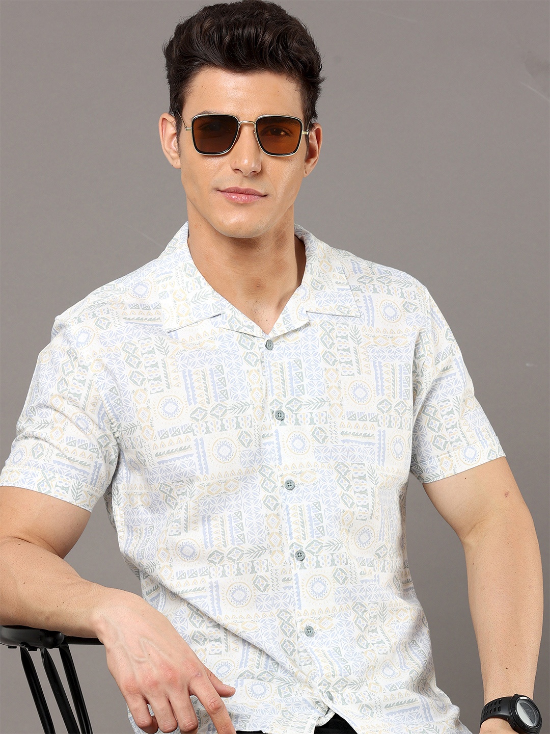 

Moda Rapido White Geometric Printed Cuban Collar Slim Fit Cotton Casual Shirt