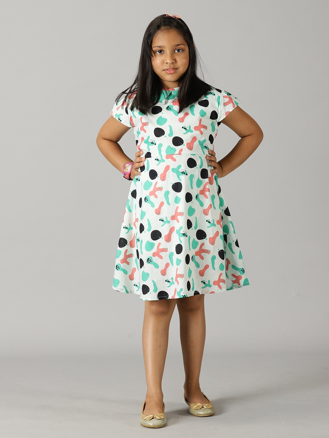 

KiddoPanti Girls Abstract Printed A-Line Pure Cotton Dress, White