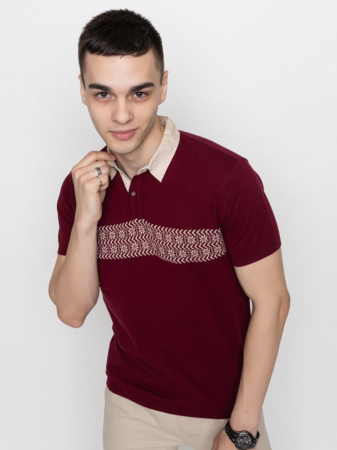 

ARMISTO Floral Printed Pure Cotton T-Shirt, Maroon