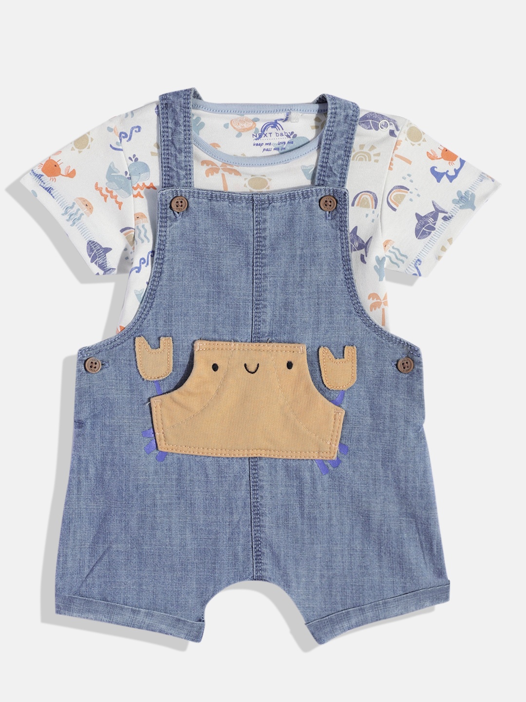 

NEXT Infant Boys Solid Pure Cotton Denim Dungaree With Bodysuit, Blue