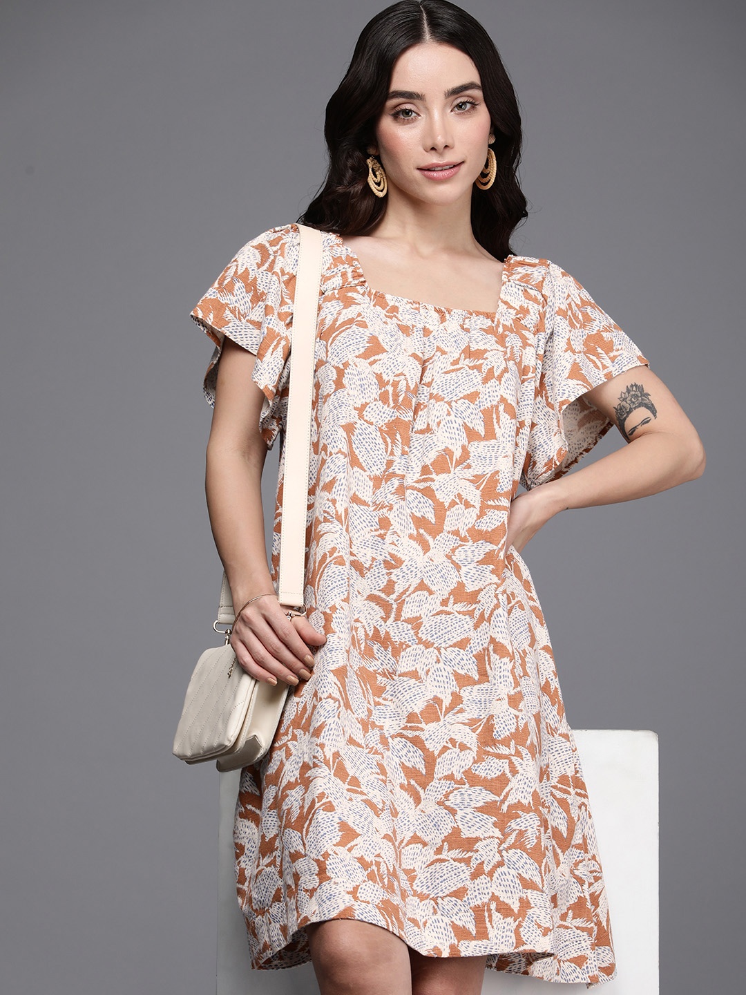 

NEXT Abstract Printed Square Neck Flutter Sleeves Above Knee A-Line Dress, Brown