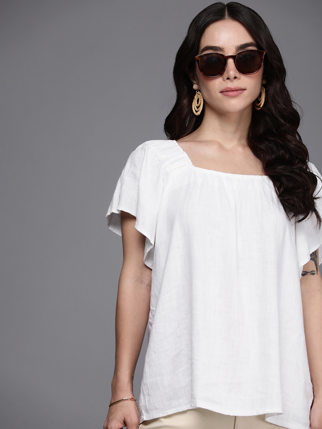 

NEXT Self Design Square Neck Flutter Sleeves Casual Top, White