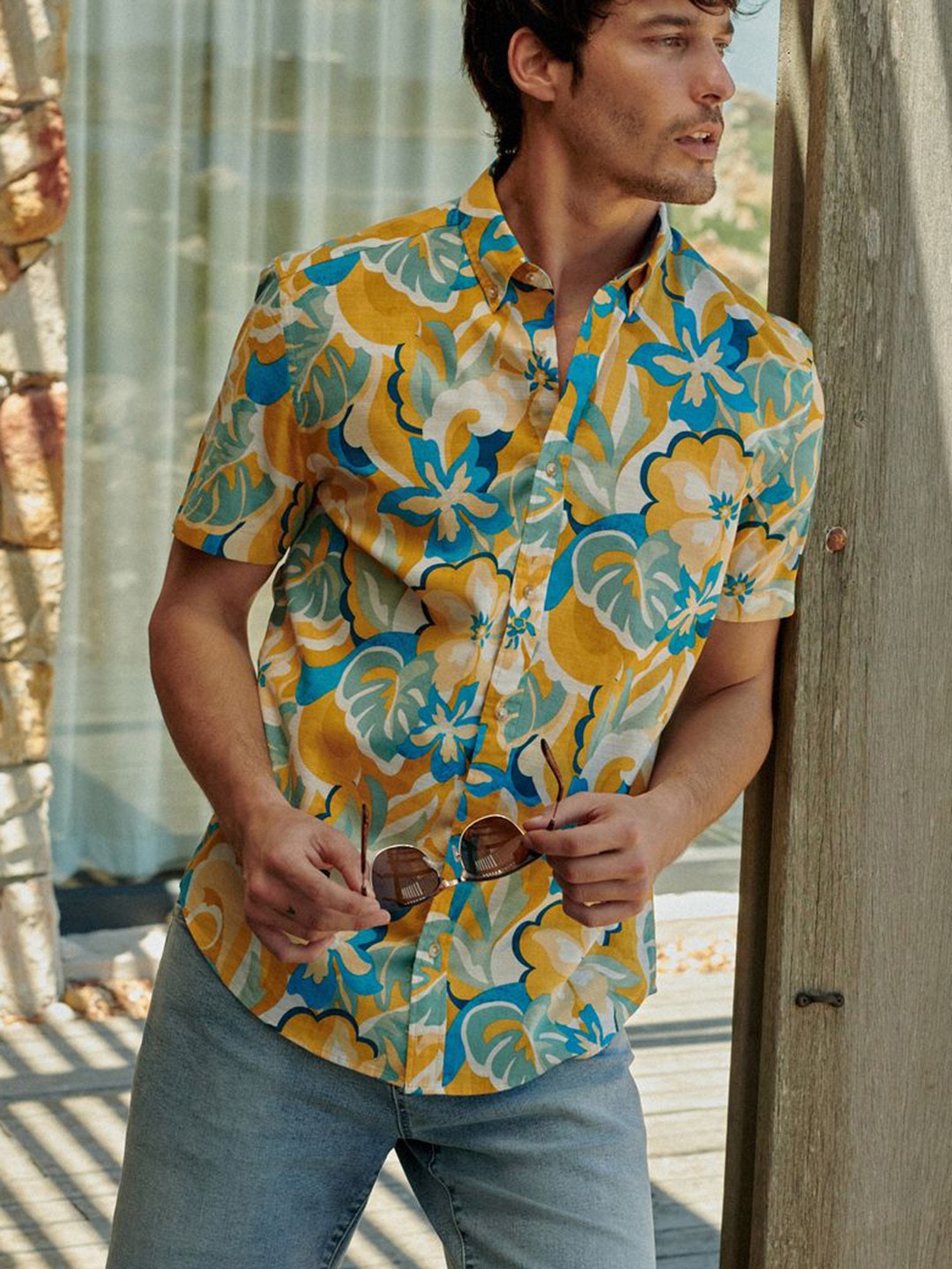 

NEXT Pure Cotton Button-Down Collar Floral Printed Casual Shirt, Yellow