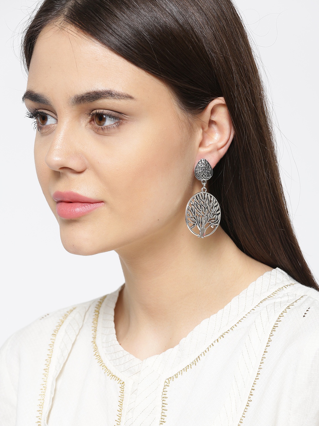 

Priyaasi Oxidised Silver-Plated Circular Textured Drop Earrings