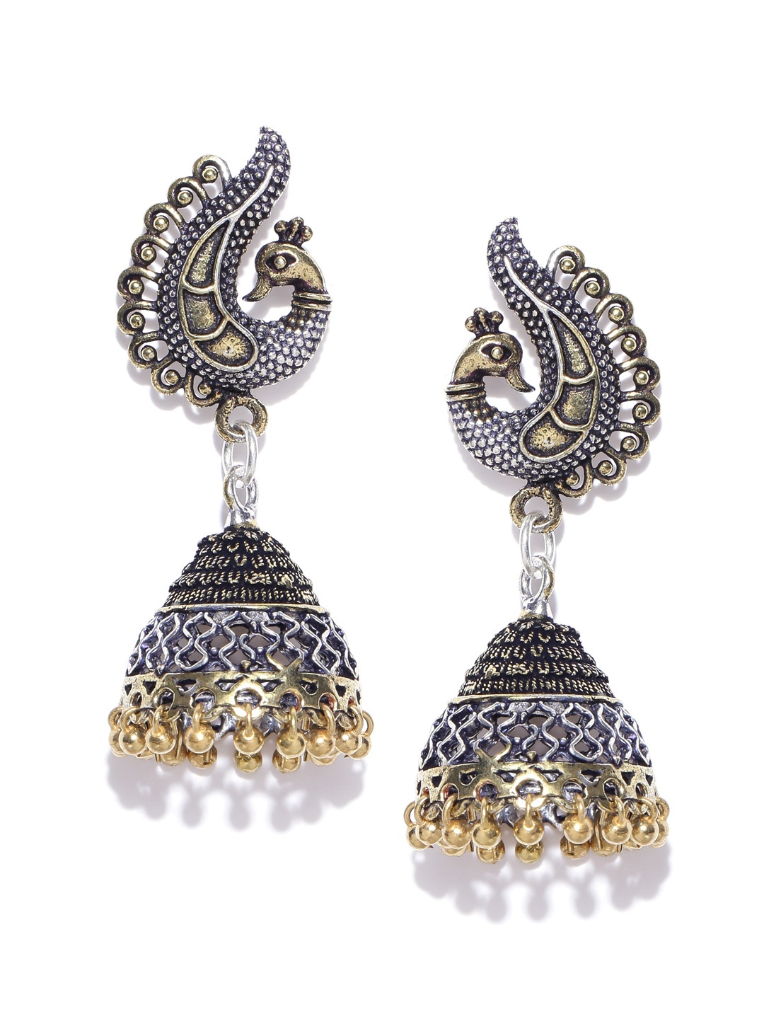 

Priyaasi Gold-Toned Oxidised Silver-Plated Peacock Shaped Jhumkas