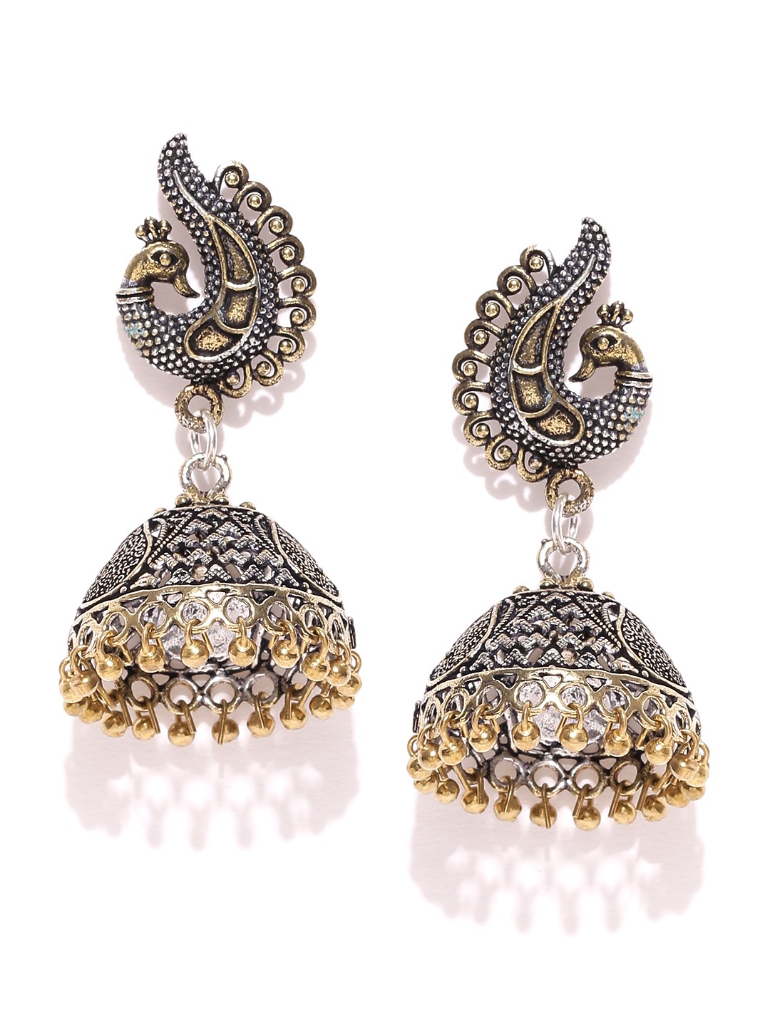

Priyaasi Antique Gold-Toned Oxidised Silver-Plated Peacock Shaped Jhumkas