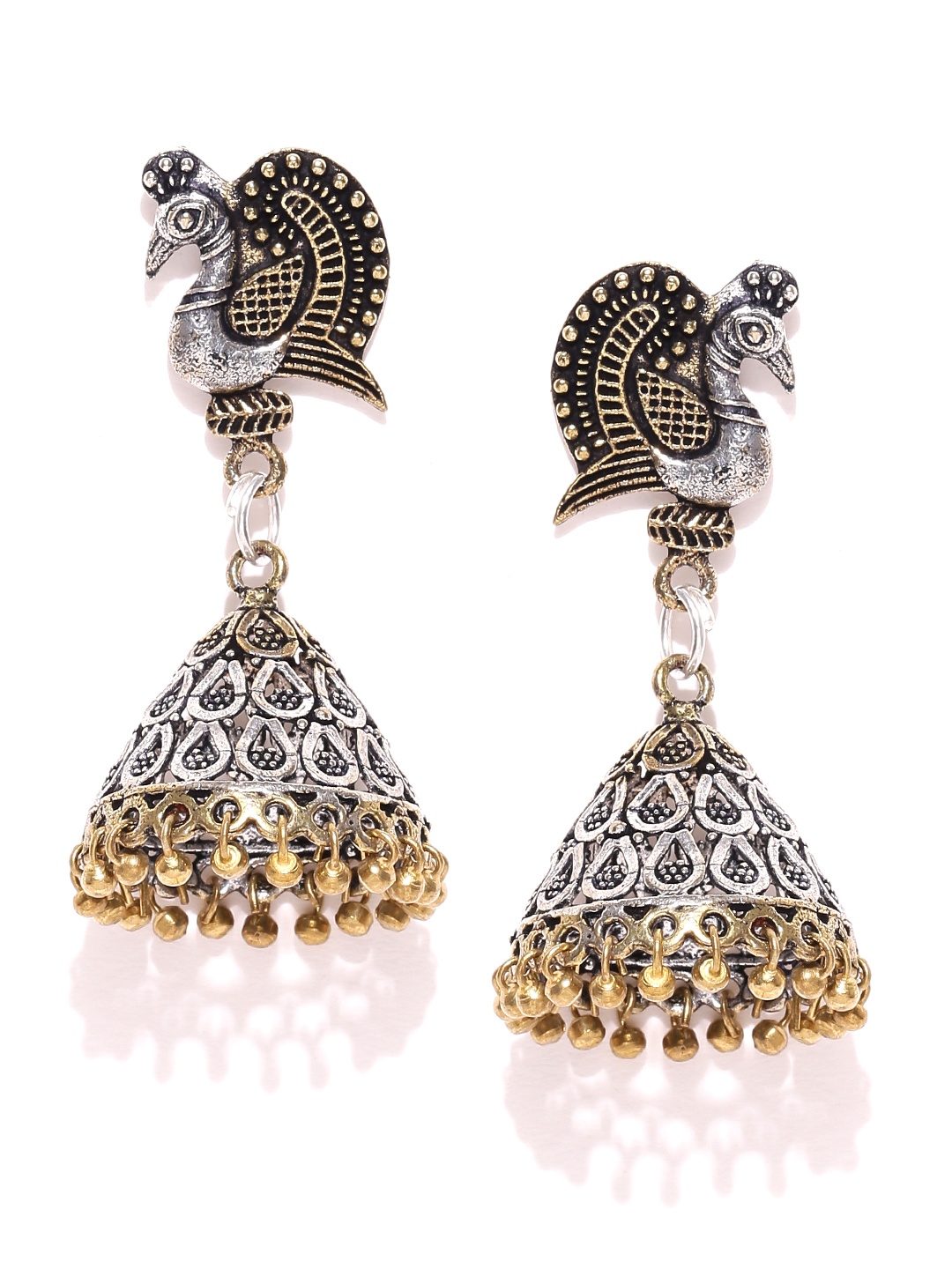 

Priyaasi Antique Gold-Toned Oxidised Silver-Plated Peacock Shaped Jhumkas
