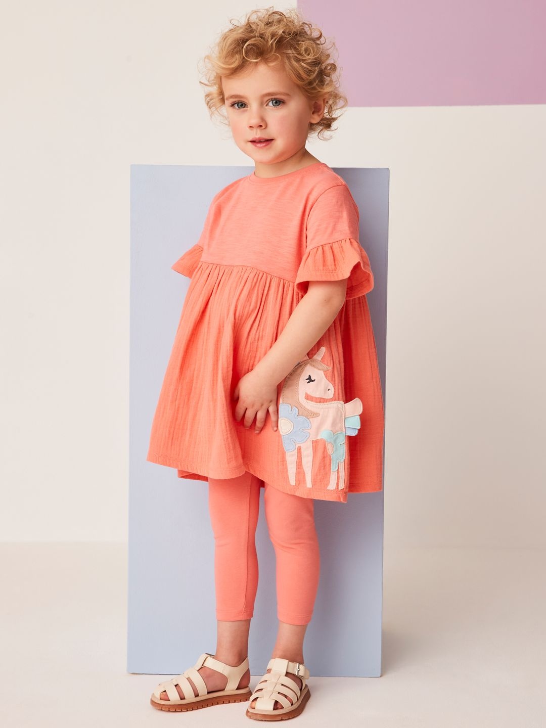 

NEXT Girls Crinkled Bell Sleeve Pleated Applique Pure Cotton Fit & Flare Dress & Leggings, Coral