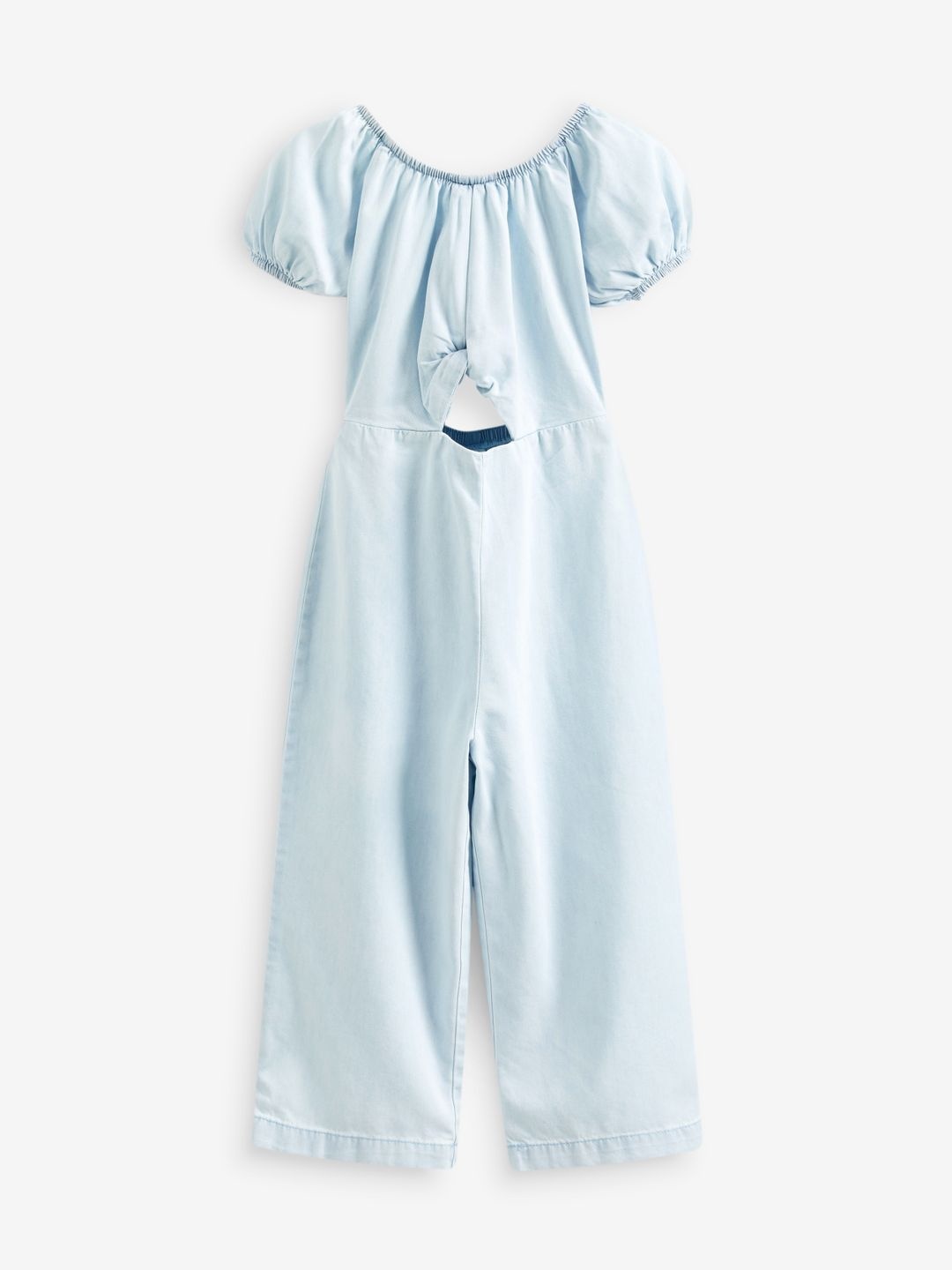

NEXT Girls Solid Puff Sleeves Pleated Basic Jumpsuit With Knotted & Cut-Out Detail, Blue