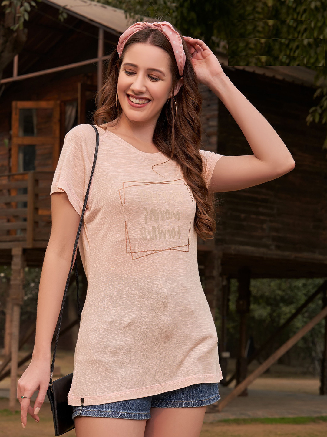 

TITTLI Typography Printed Raglan Sleeves T-shirt, Peach