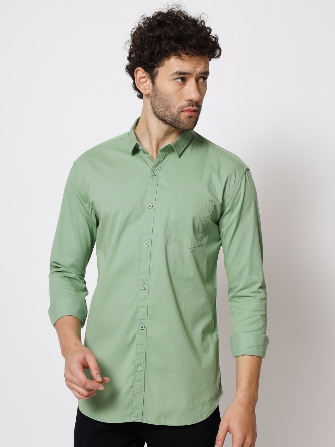 

POP CULTURE Spread Collar Slim Fit Twill Cotton Casual Shirt, Green