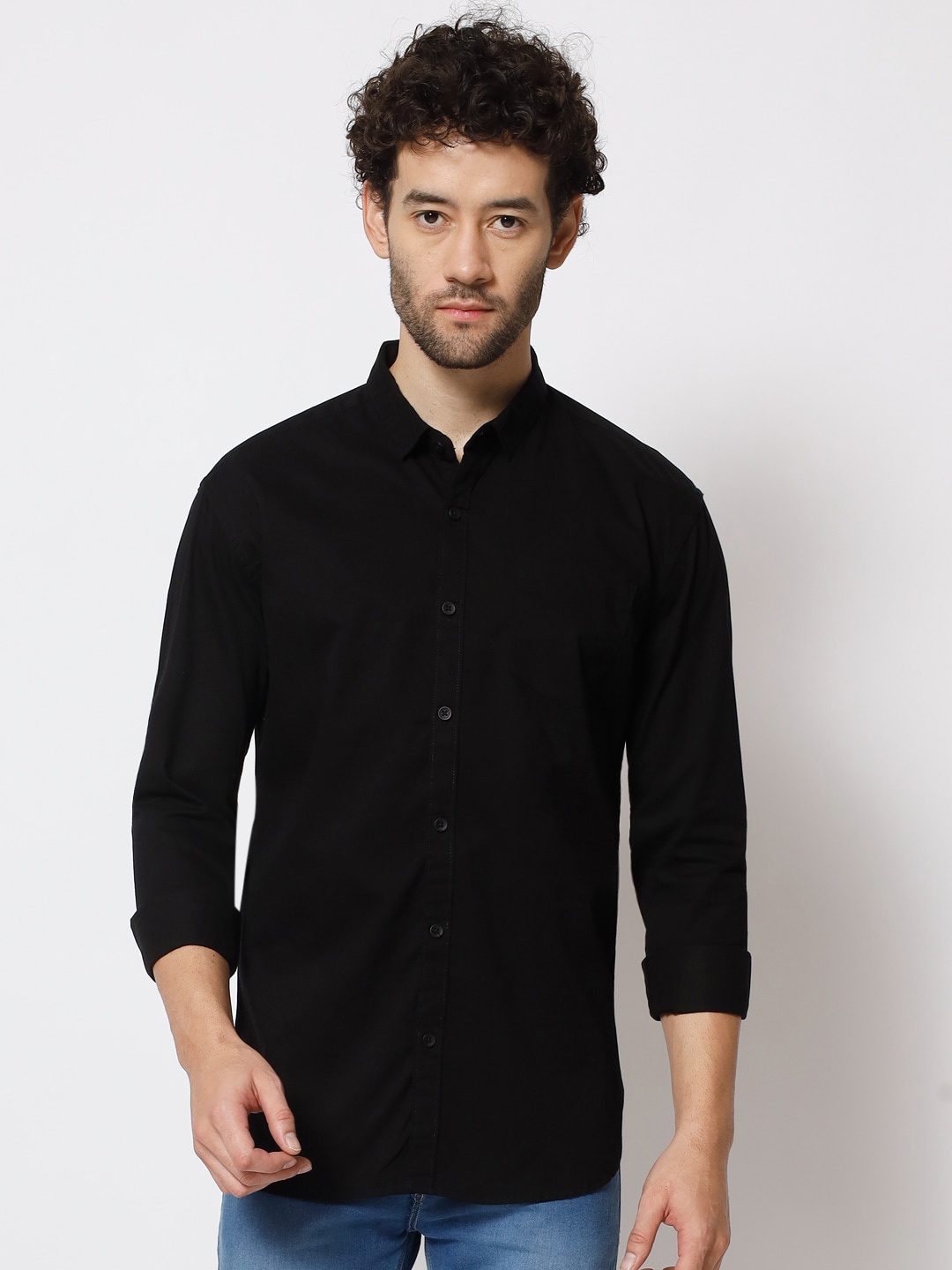 

POP CULTURE Spread Collar Slim Fit Twill Cotton Casual Shirt, Black