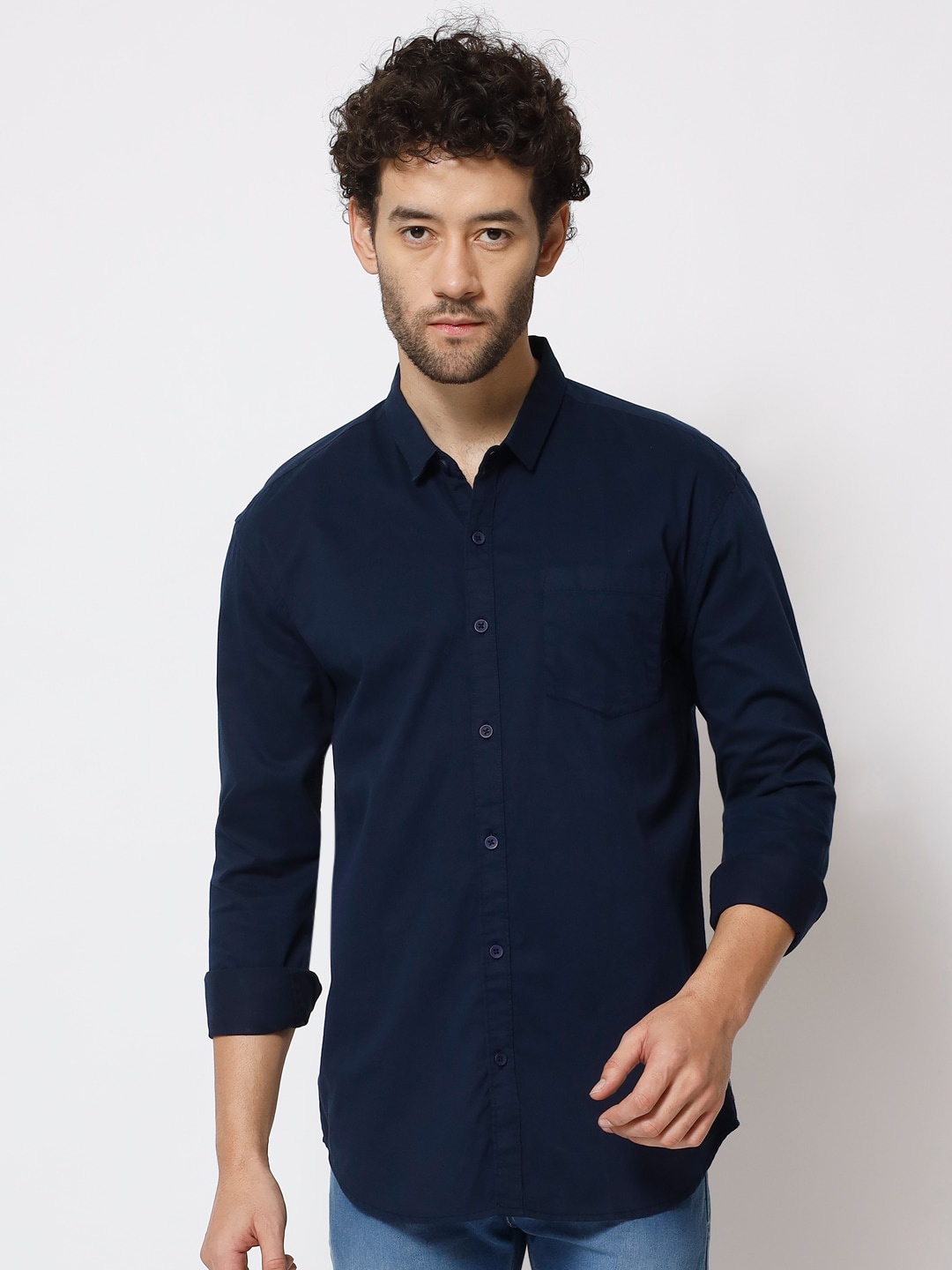 

POP CULTURE Spread Collar Slim Fit Twill Cotton Casual Shirt, Navy blue