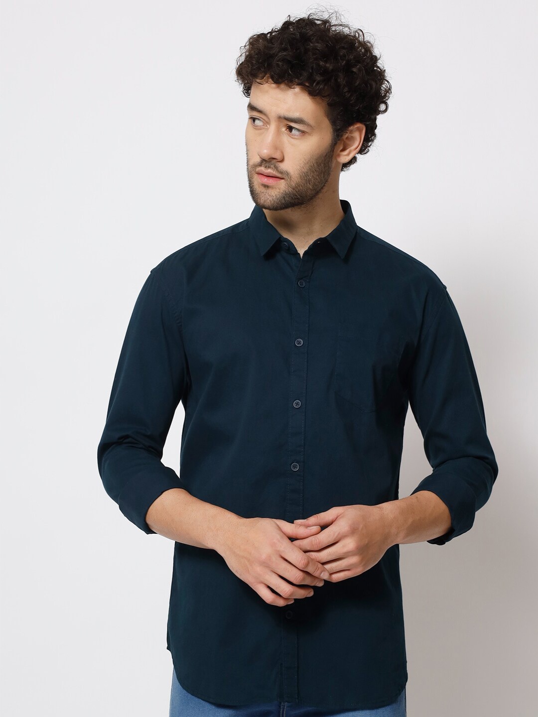 

POP CULTURE Spread Collar Slim Fit Twill Cotton Casual Shirt, Navy blue
