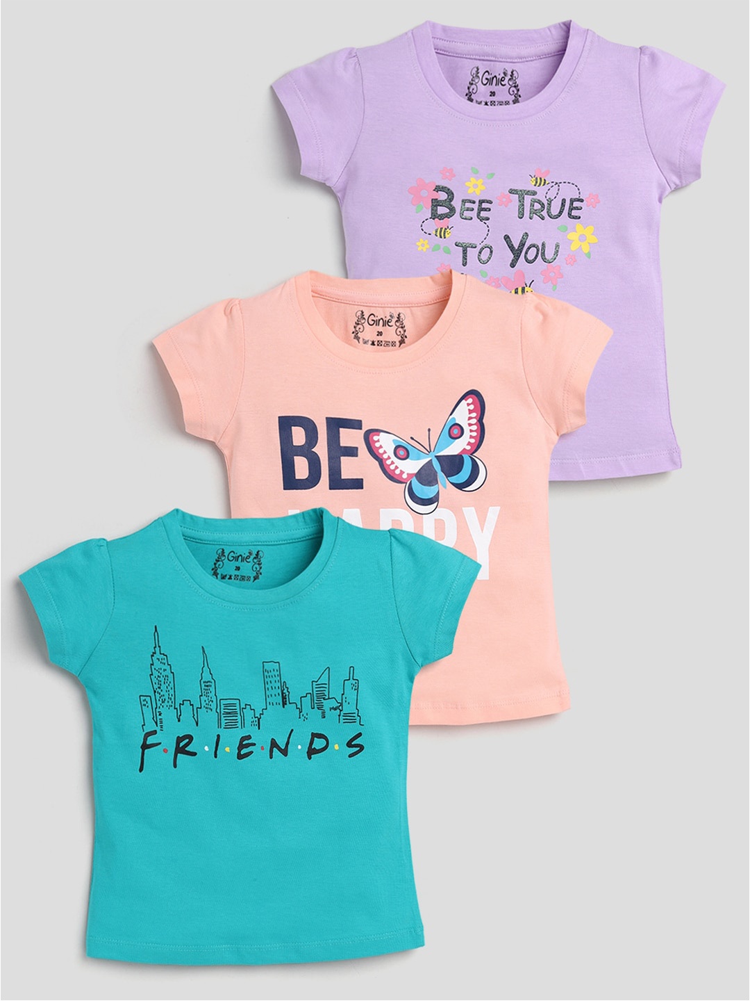 

Ginie Girls Pack Of 3 typography Printed Cotton T-shirt, Blue