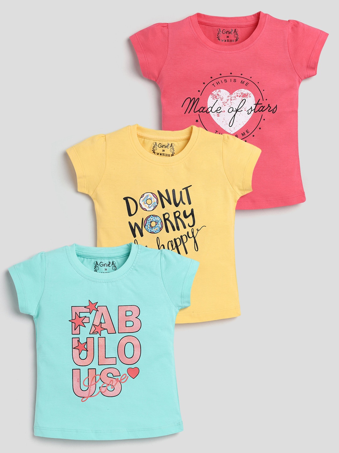 

Ginie Girls Pack Of 3 typography Printed Cotton T-shirt, Blue