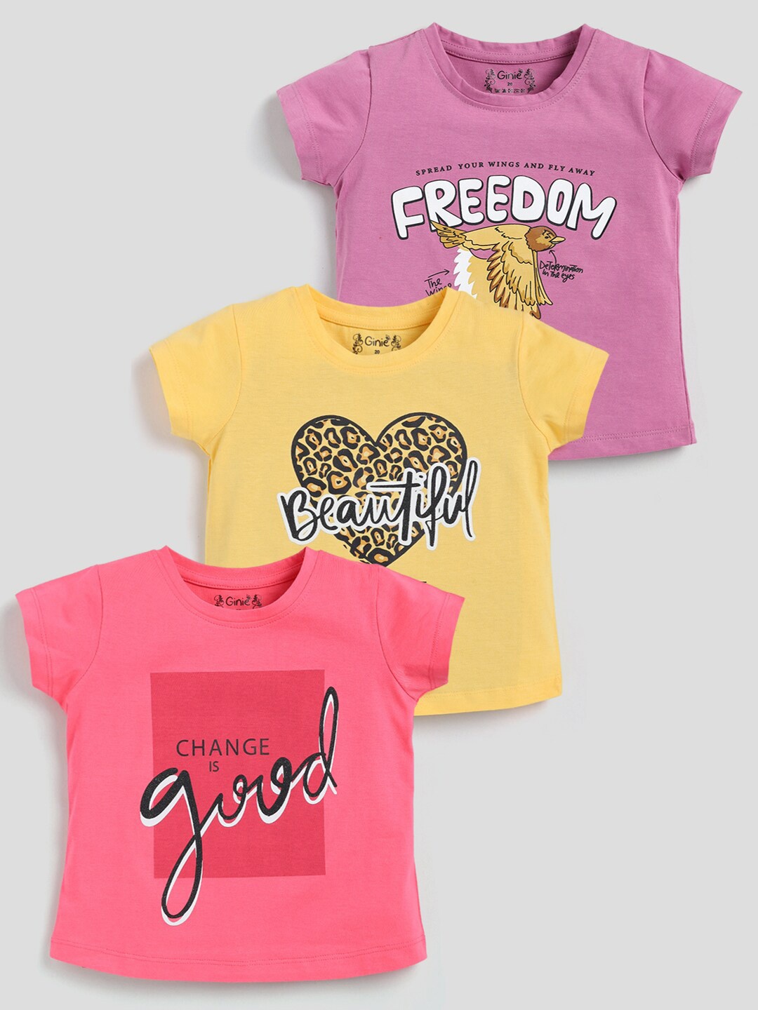 

Ginie Girls Pack Of 3 typography Printed Cotton T-shirt, Pink