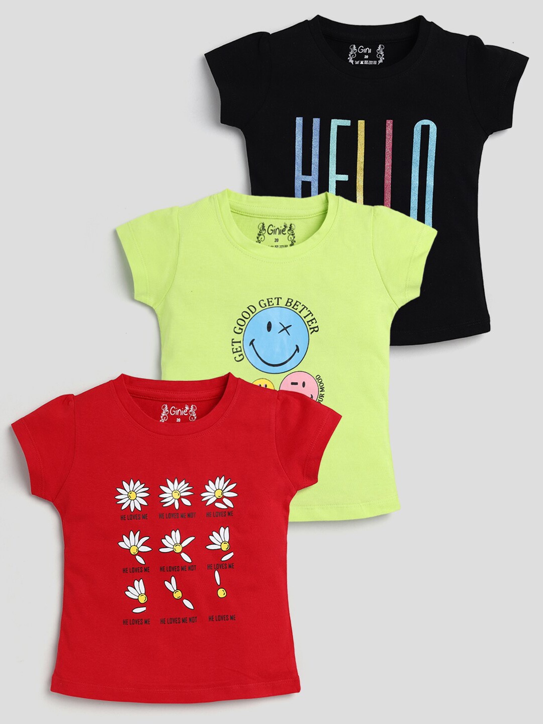 

Ginie Girls Pack Of 3 typography Printed Cotton T-shirt, Black