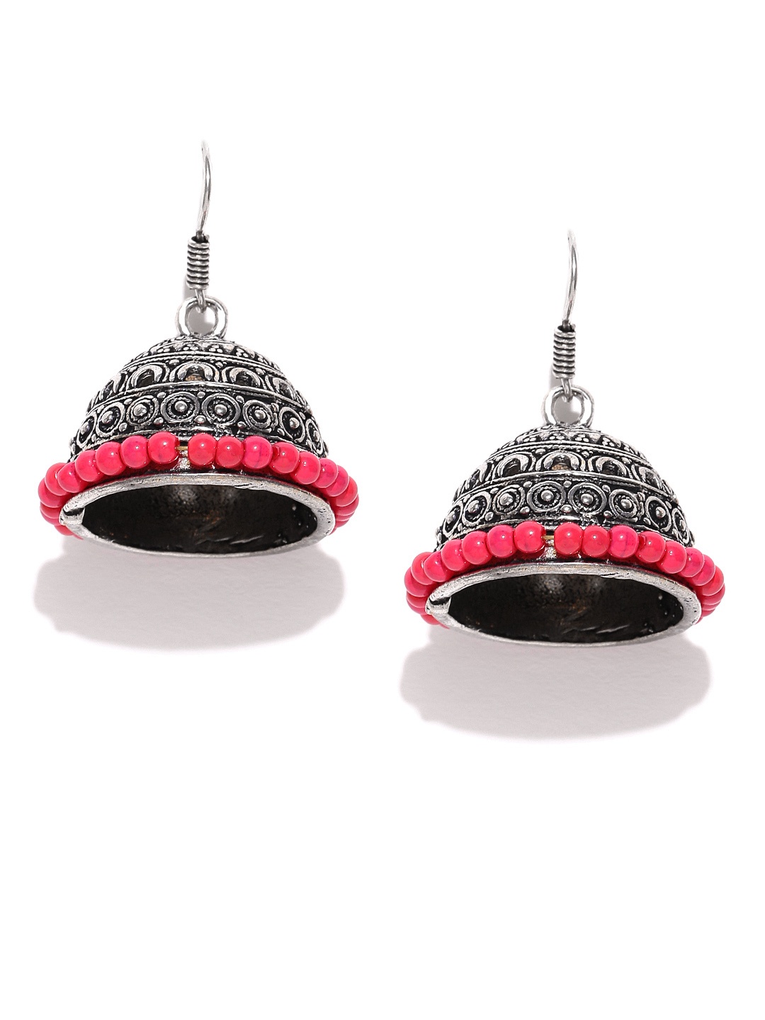 

Priyaasi Pink Oxidised Silver-Plated Dome Shaped Jhumkas