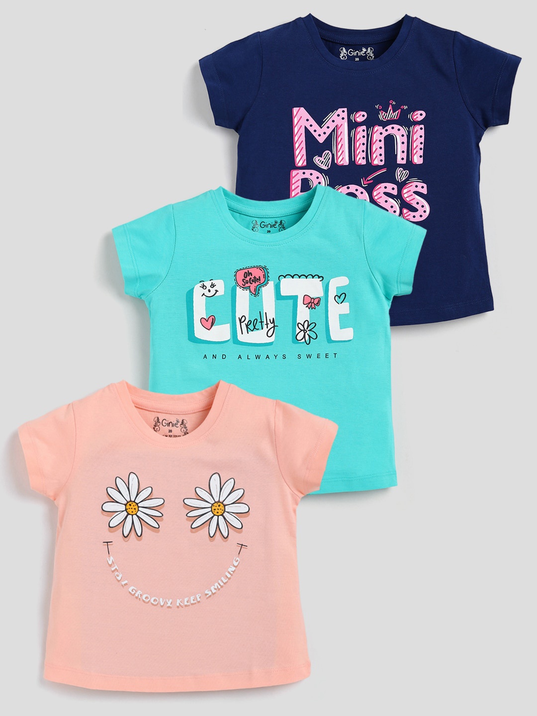 

Ginie Girls Pack Of 3 typography Printed Cotton T-shirt, Cream