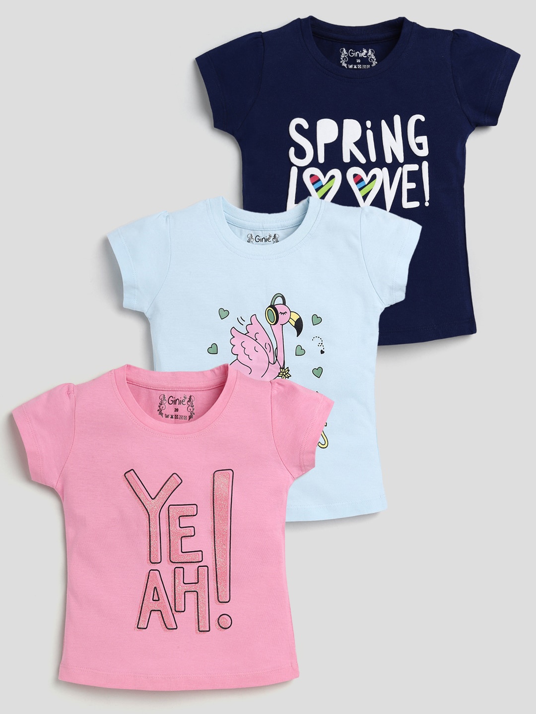 

Ginie Girls Pack Of 3 Typography Printed Pure Cotton T-Shirts, Navy blue