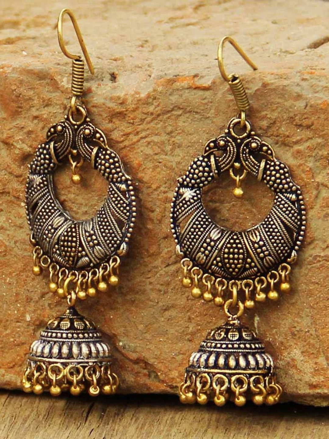 

Priyaasi Antique Gold-Toned Oxidised Silver-Plated Dome-Shaped Jhumkas
