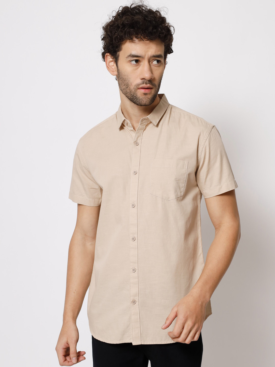 

POP CULTURE Spread Collar Slim Fit Twill Cotton Casual Shirt, Cream
