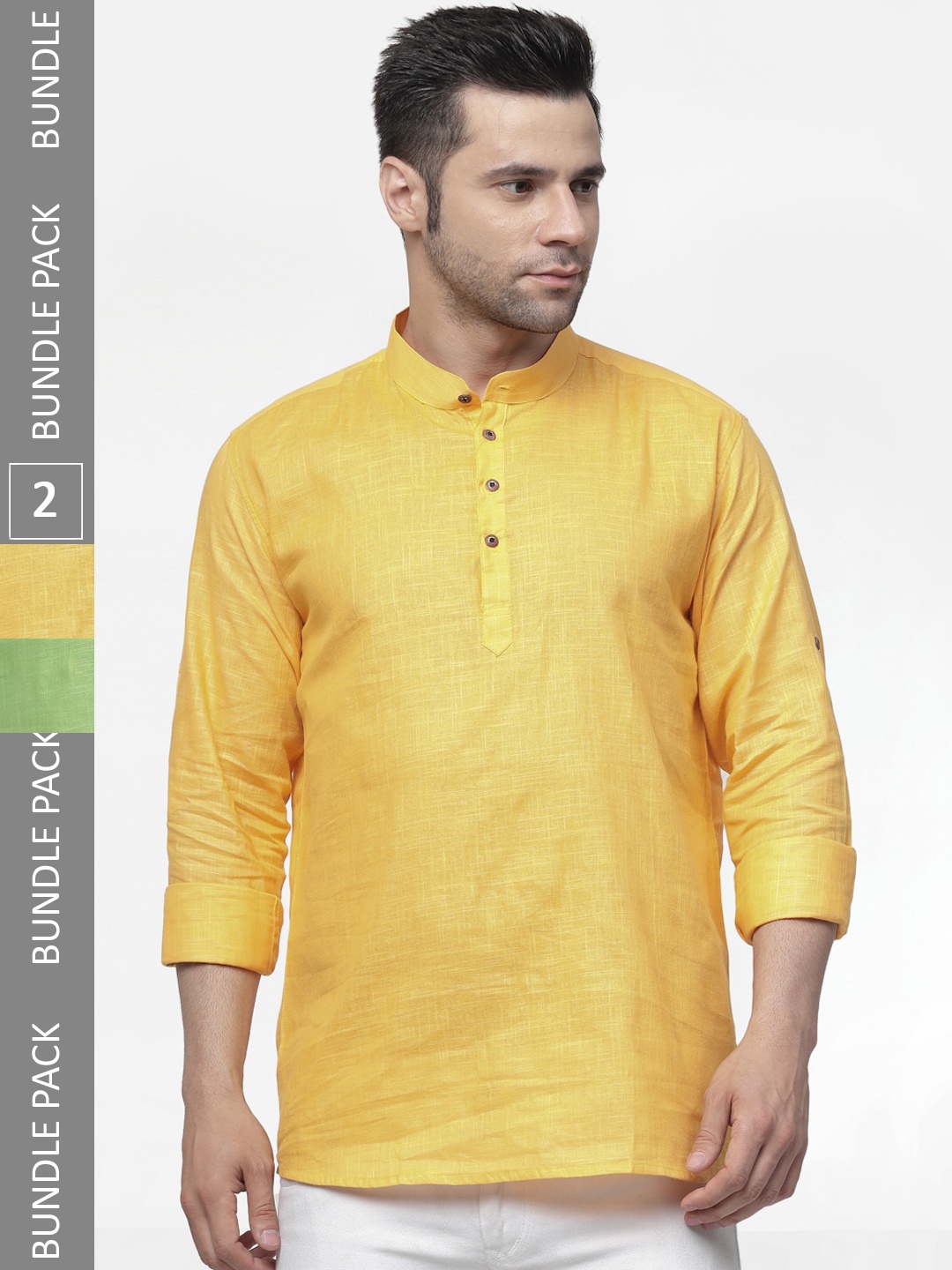 

allan peter Pack of 2 Mandarin Collar Cotton Kurtas, Yellow