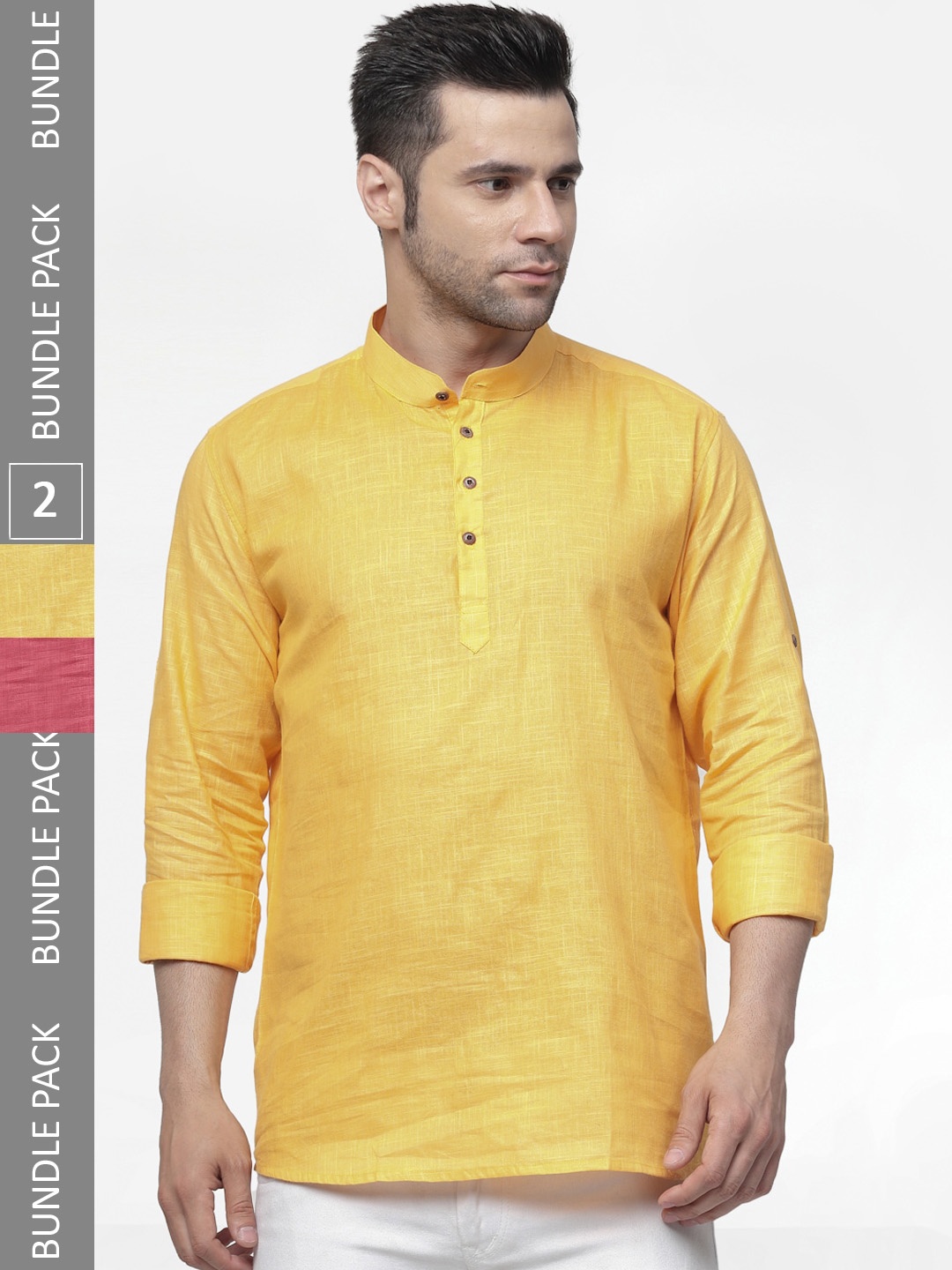 

allan peter Pack of 2 Mandarin Collar Cotton Kurtas, Yellow