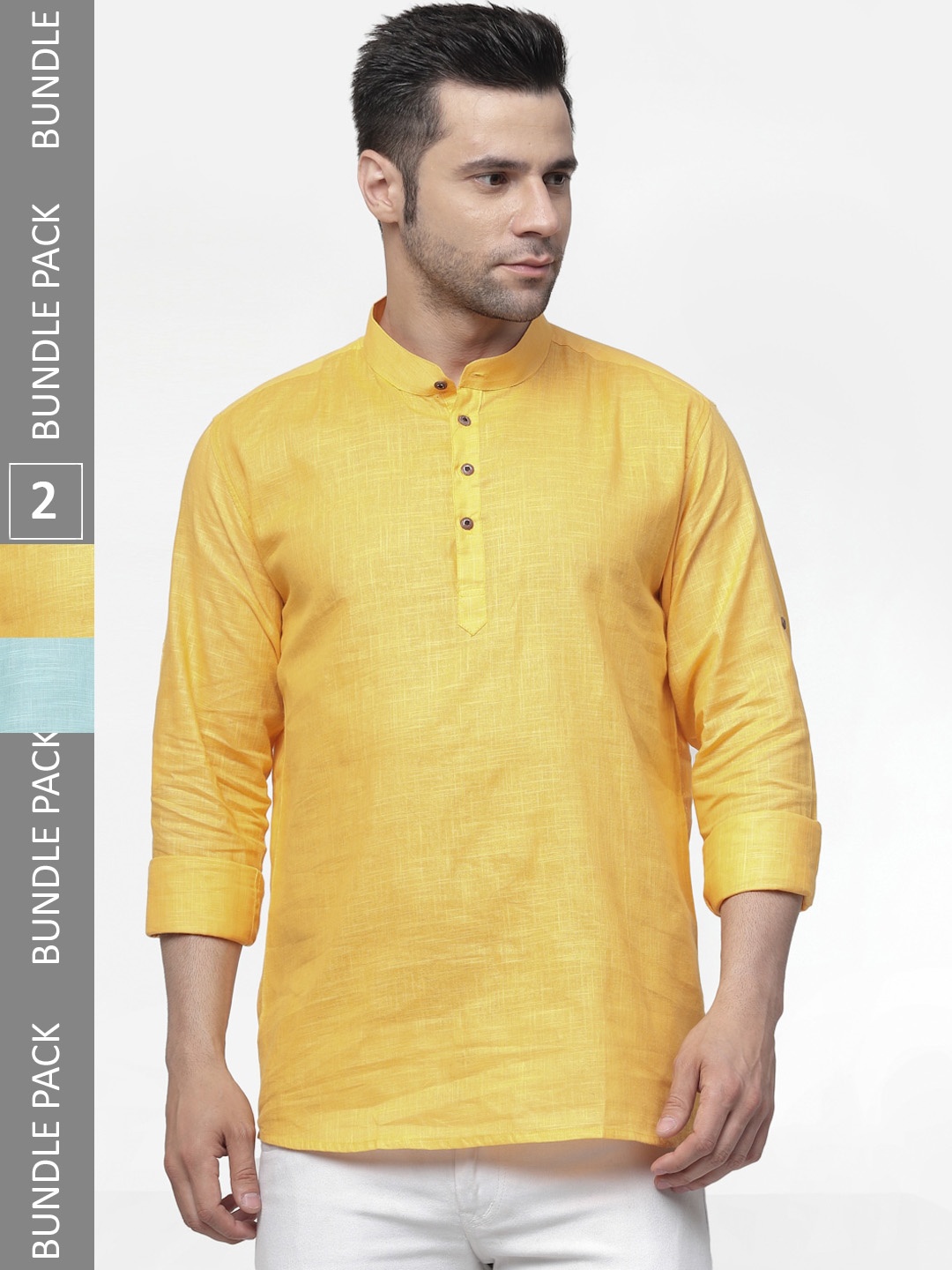 

allan peter Pack of 2 Mandarin Collar Cotton Kurtas, Yellow